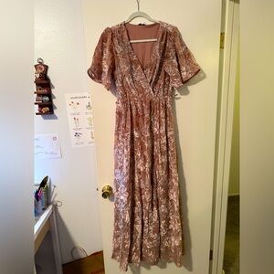 Rose pink floral floor length bridesmaid dress